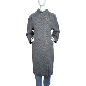 Vintage Herringbone Grey Wool Coat with Mod Button Detail | Size Large